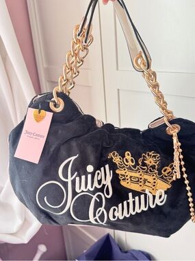 Juicy Couture Black Velvet Shoulder Bag with Gold Accents